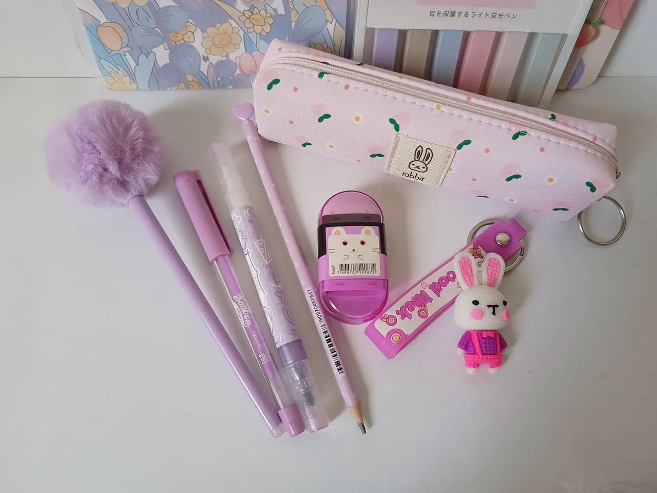 Kit de Papelaria Fofa Pêssegos e Coelho Rosa e Lilás  - Foto 2
