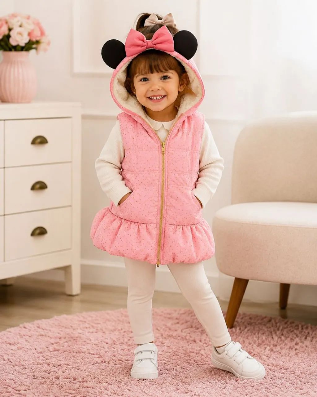 Colete rosa acolchoado com capuz, orelhinhas de Minnie - Foto 2