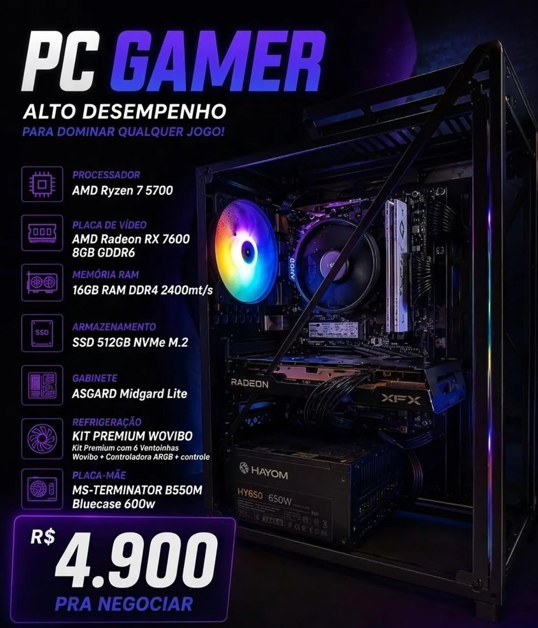 PC GAMER RYZEN 7 5700 + RX 7600
