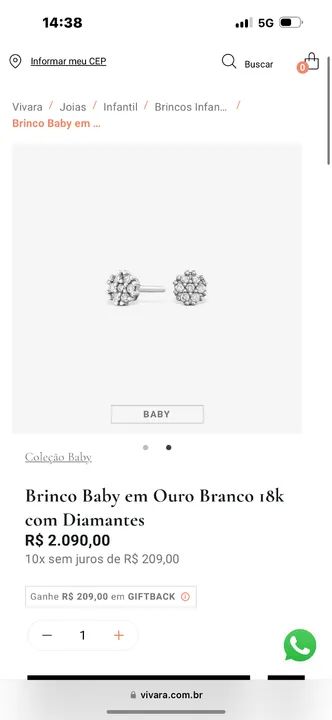 Brinco Vivara ouro branco e diamantes