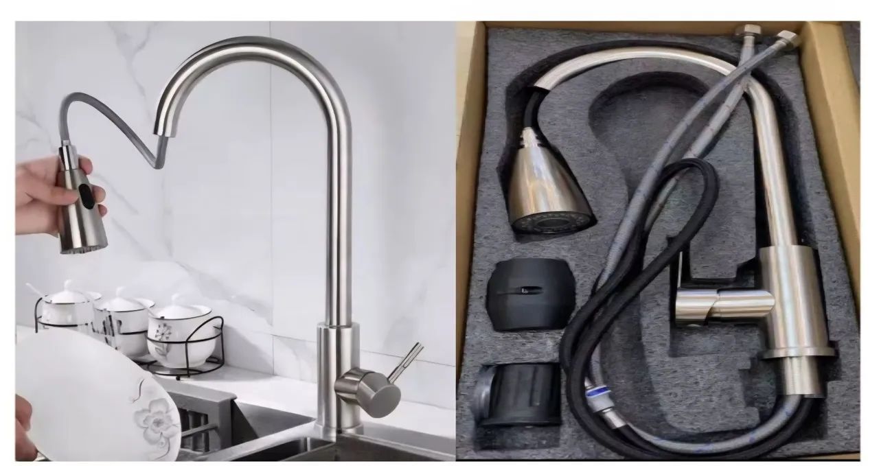 Gourmet kitchen faucet with single-lever pull-down spout in stainless steel