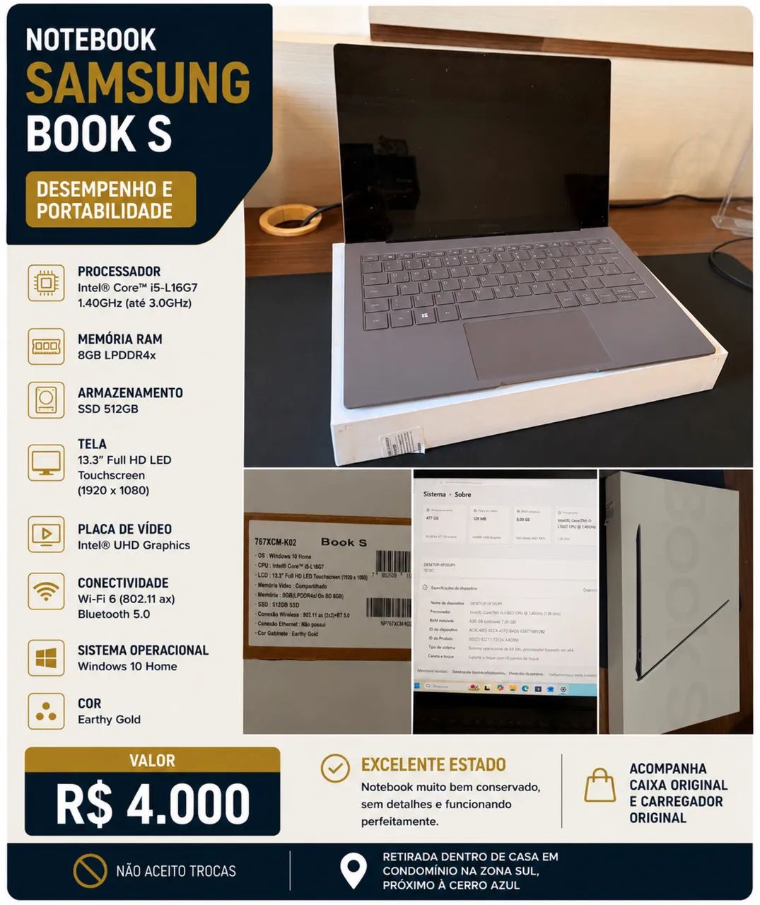 Notebook Samsung Galaxy Book S - ultrafino, touchscreen, 512 GB SSD