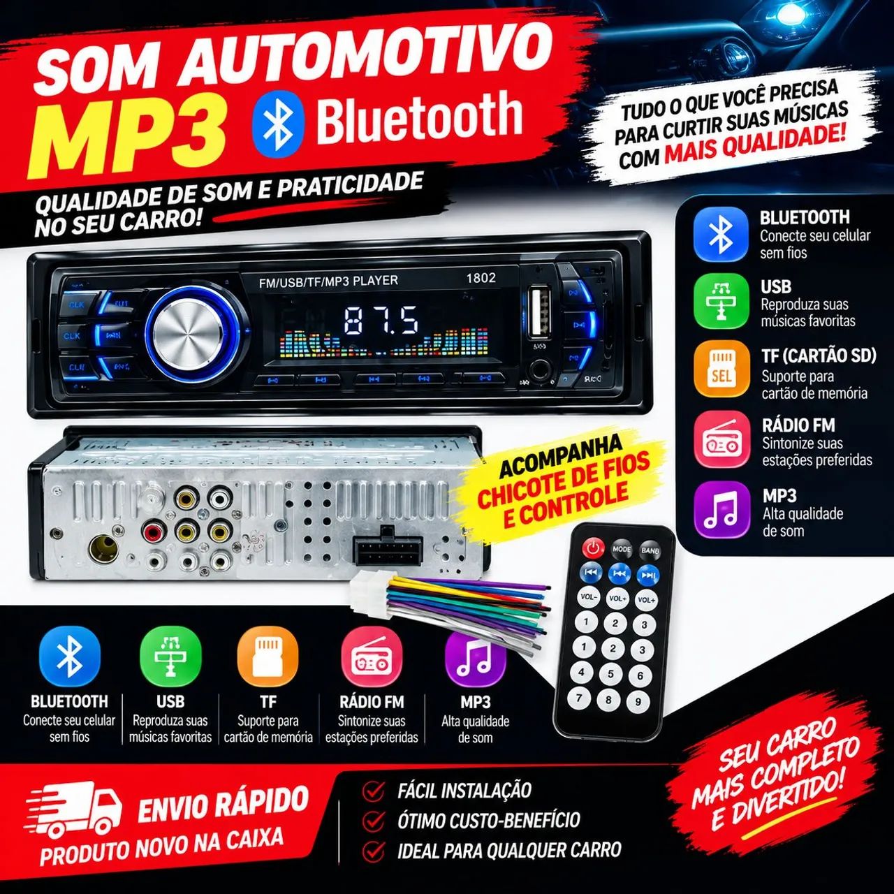 Som Automotivo Bluetooth MP3 USB com Controle