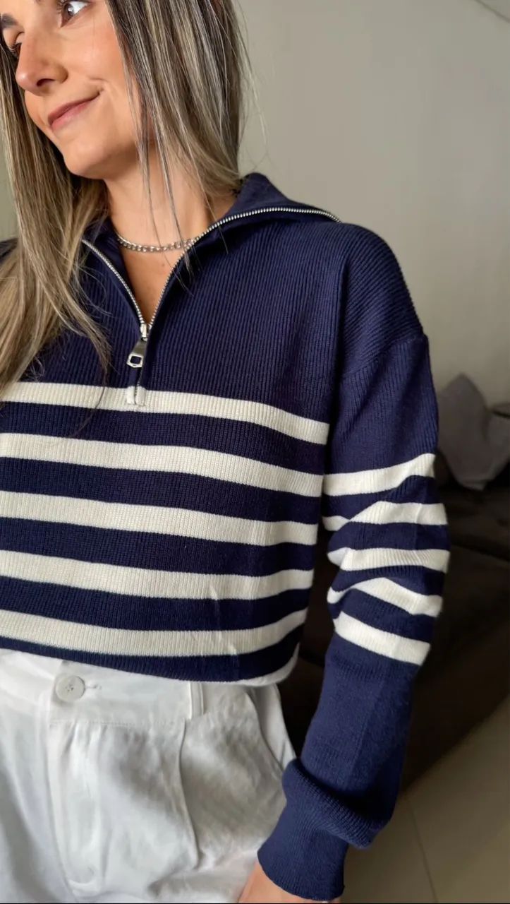 Suéter em Tricot Listrado com Zíper - Foto 2
