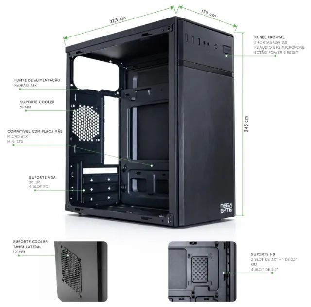 Gabinete Office Megabyte Micro-atx Usb Frontal Sem Fans Preto - Foto 3