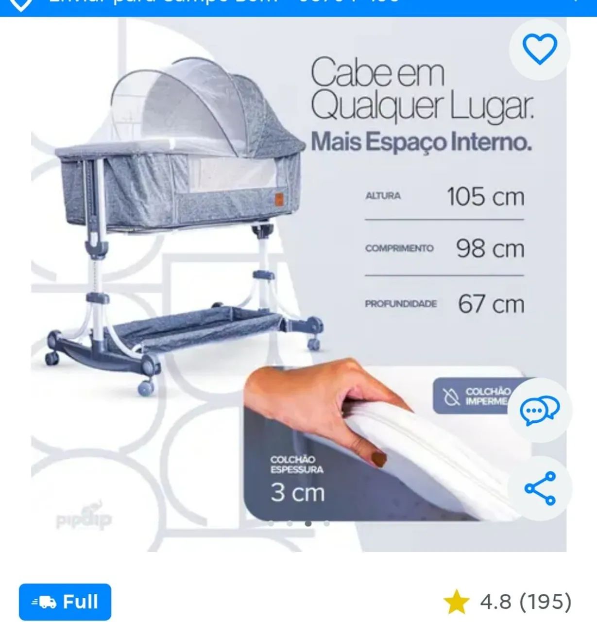 Berço Moises Portatil Co Bed Acoplavel a Cama com Mosquiteiro Infantil Pipdip