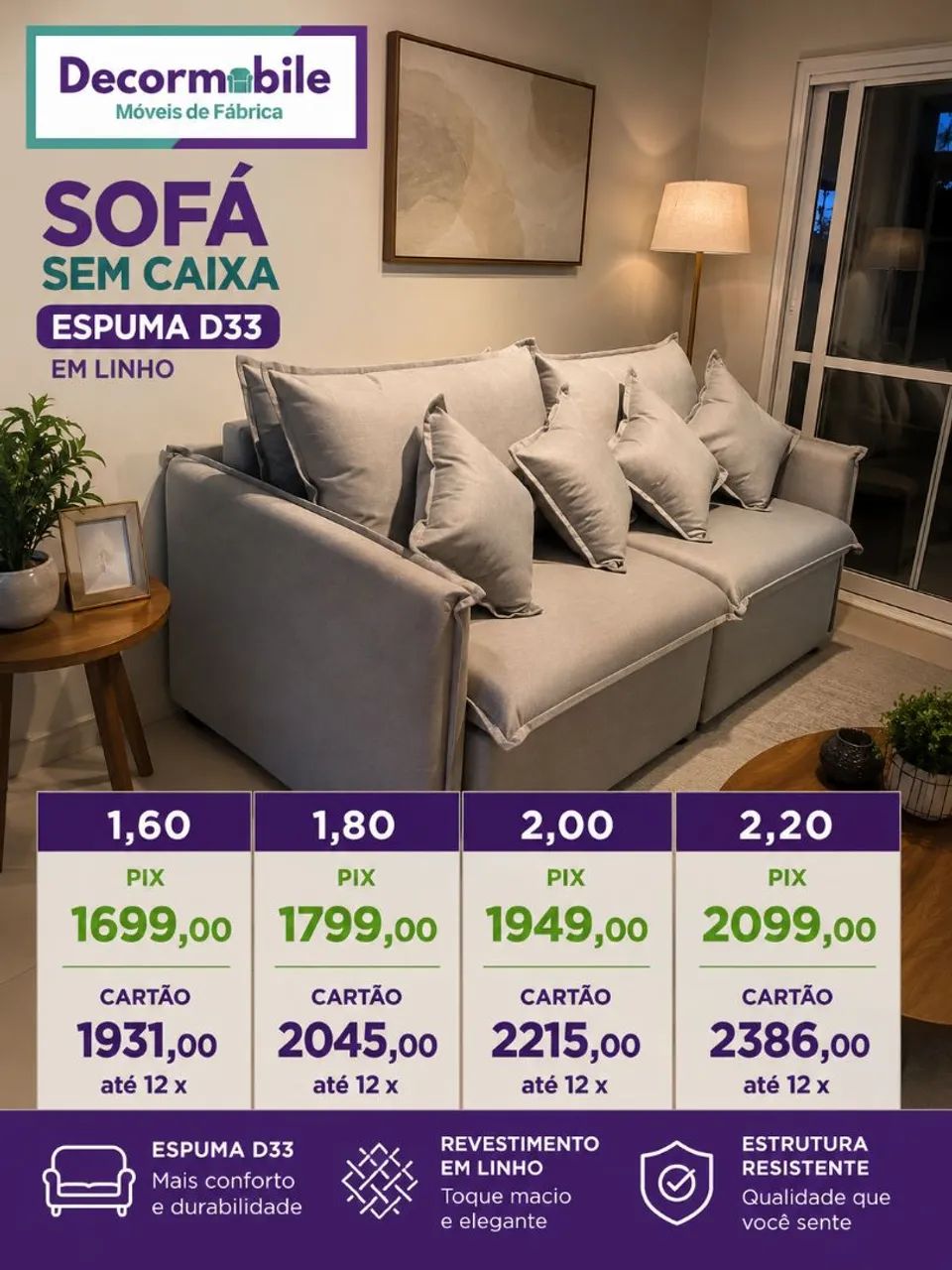Sofá retrátil sem caixa 1,60 até 2,20 espuma D33 em linho 