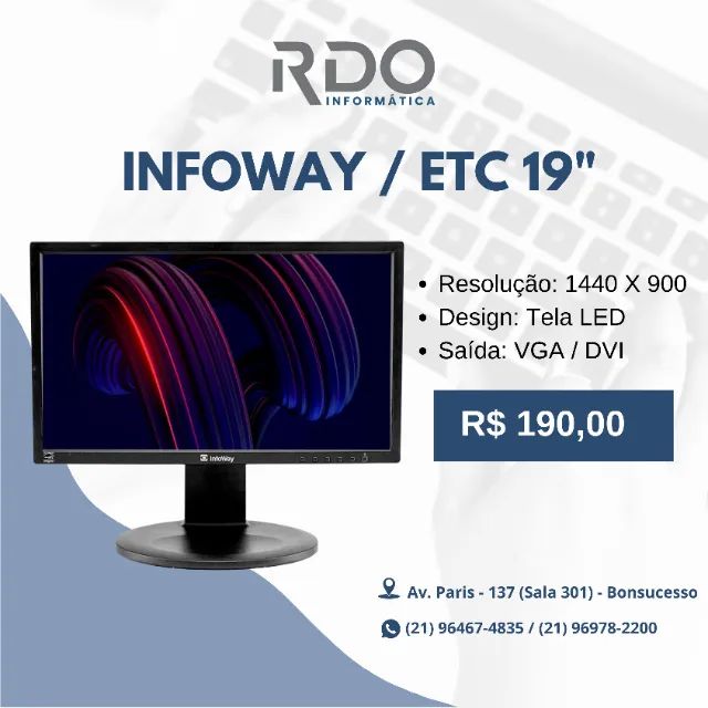 Monitor Infoway ETC 19 LED 1440x900 VGA DVI - Ideal para comércio