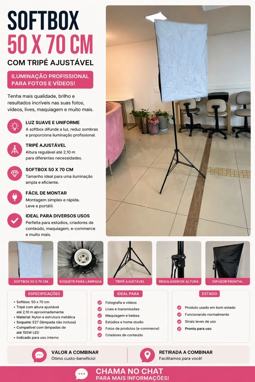 Softbox 50x70 cm com tripé ajustável - Microfones e Gravadores
