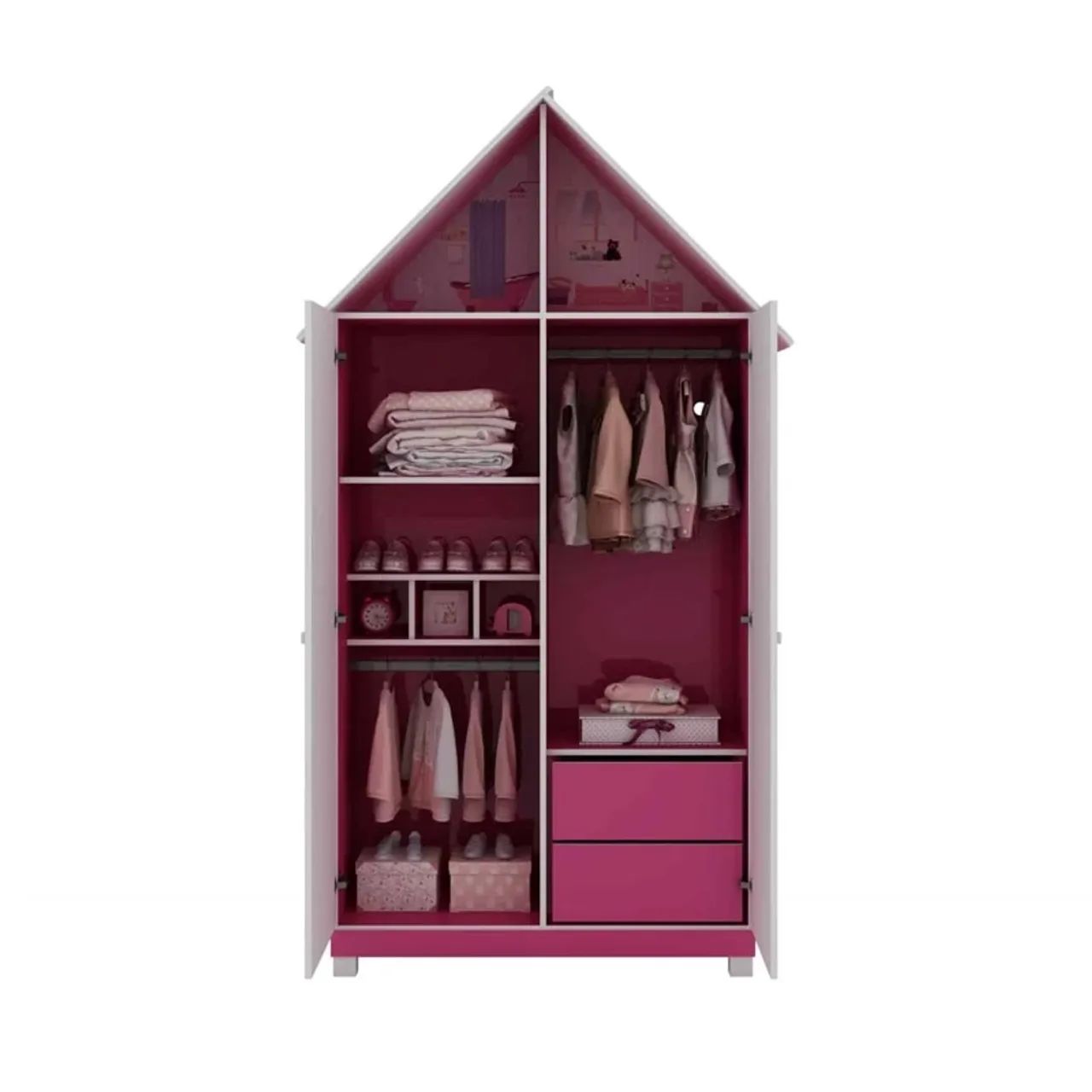 Roupeiro + Cama Casinha Rosa/Branco 100%MDF   rf75 - Foto 3