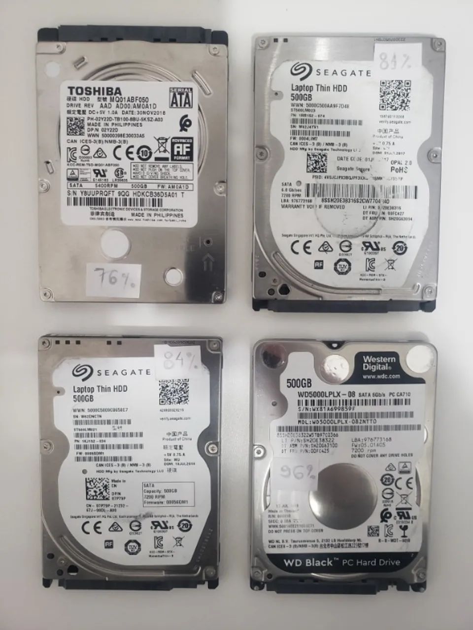 Kit 4  HDs 500GB acima de 75% saudáveis (2 Seagate, 1 Toshiba e 1 WD) - Usado