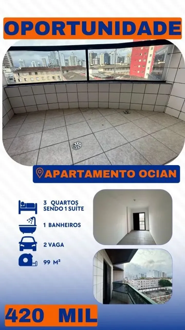 Apartamento para Venda em Praia Grande, Ocian, 3 dormitórios, 1 suíte, 1 banheiro, 2 vagas