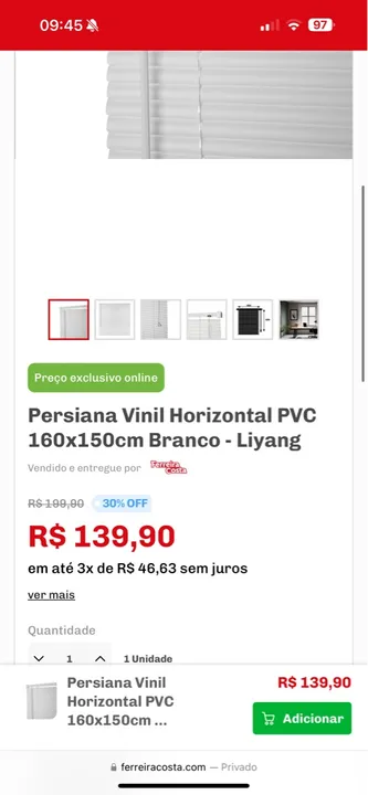Persiana Vinil Nova e Varão alumínio novo