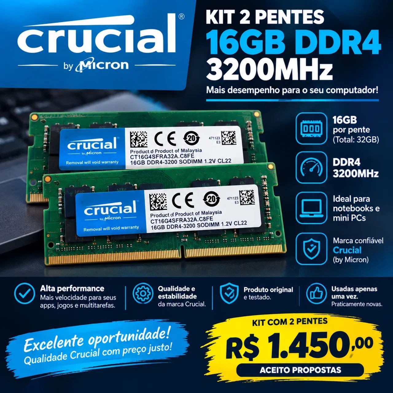 2 Pentes de Memória DDR4-16GB 2x 