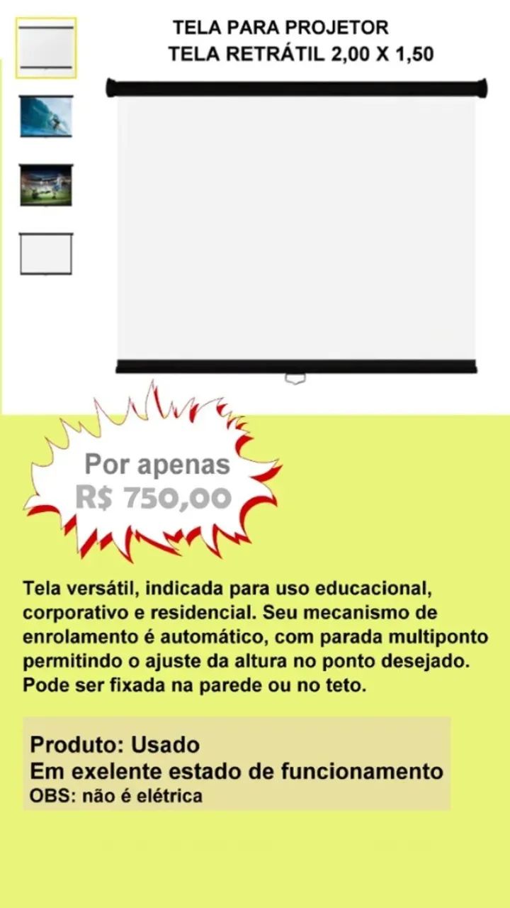 Tela retrátil para Projetor 2,00 x 1,50 Telas Tech