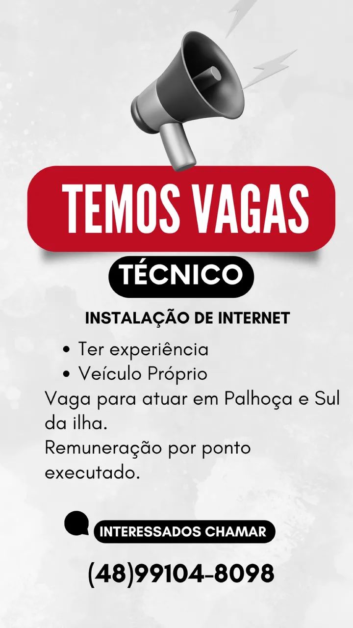 Vaga para técnico Instalador de internet 