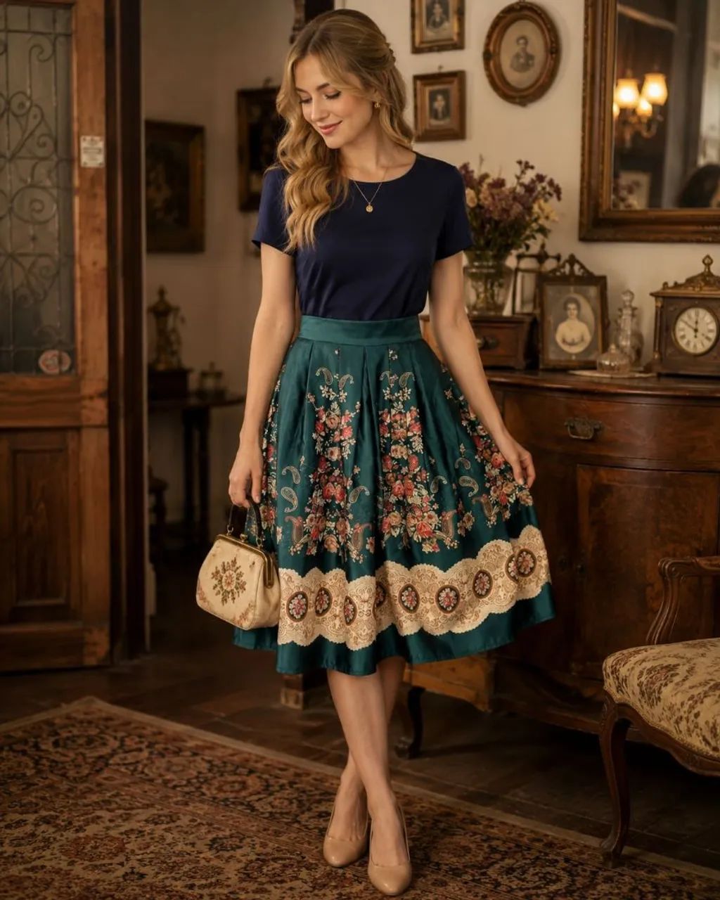 Saia vintage verde com estampa floral - praticamente nova 