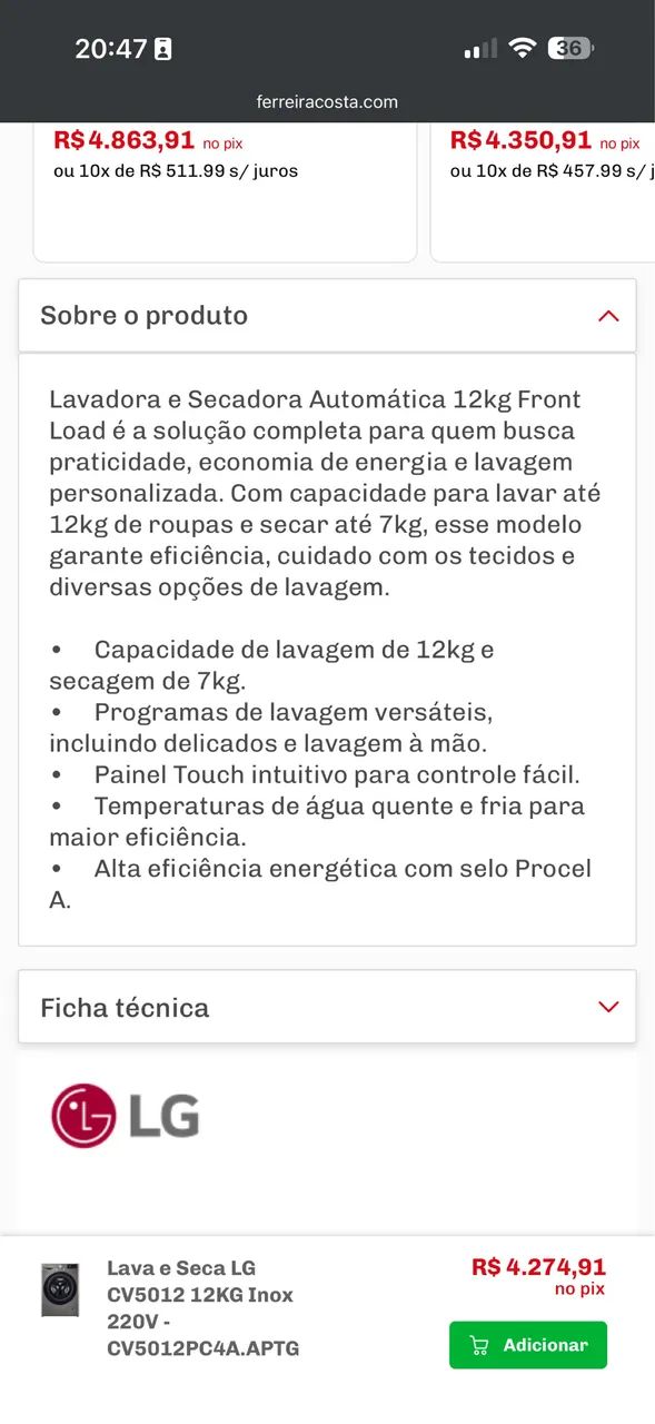 MÁQUINA LAVA E SECA LG 12Kg - Foto 4