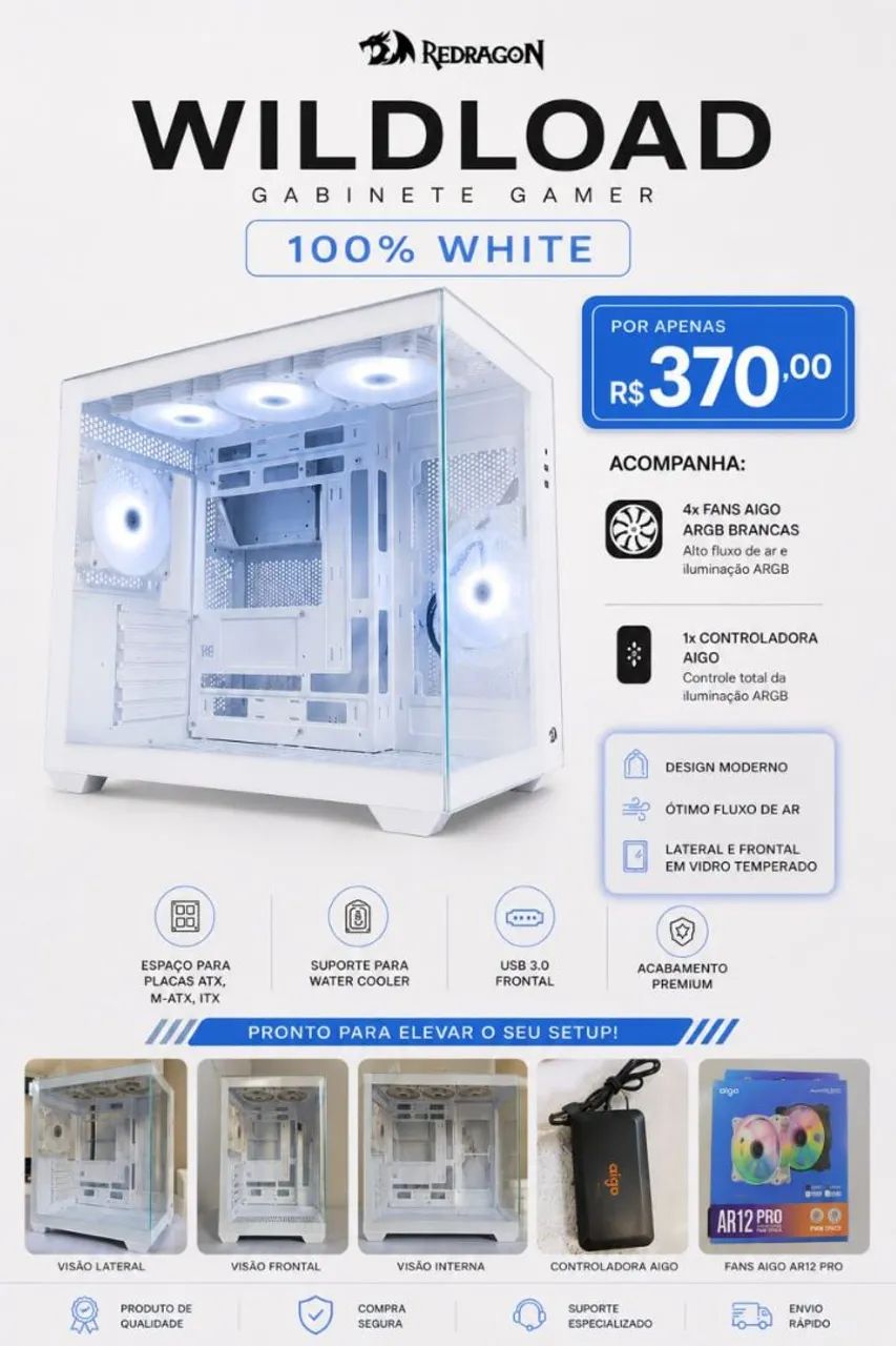 Gabinete wideload branco + ventoinhas e controladora