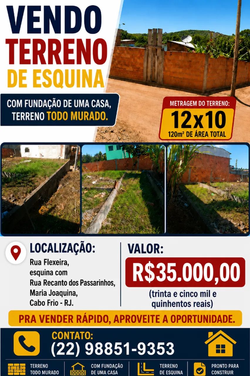Terreno murado de 120m², 5min da Praia