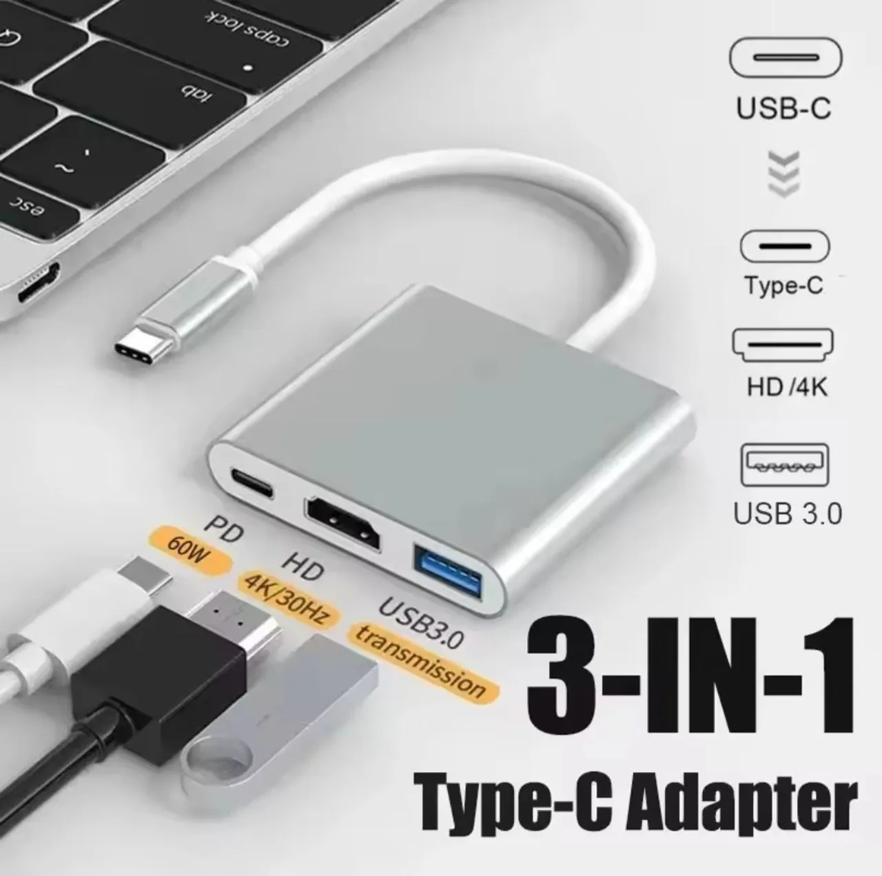 HUB Adaptador Tipo C 3 em 1 - HDMI, USB 3.0 e PD 60W Novo