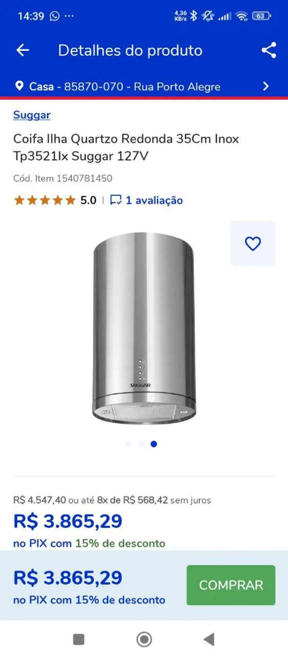 Coifa Ilha Quartzo Redonda 35Cm Inox Suggar 127V