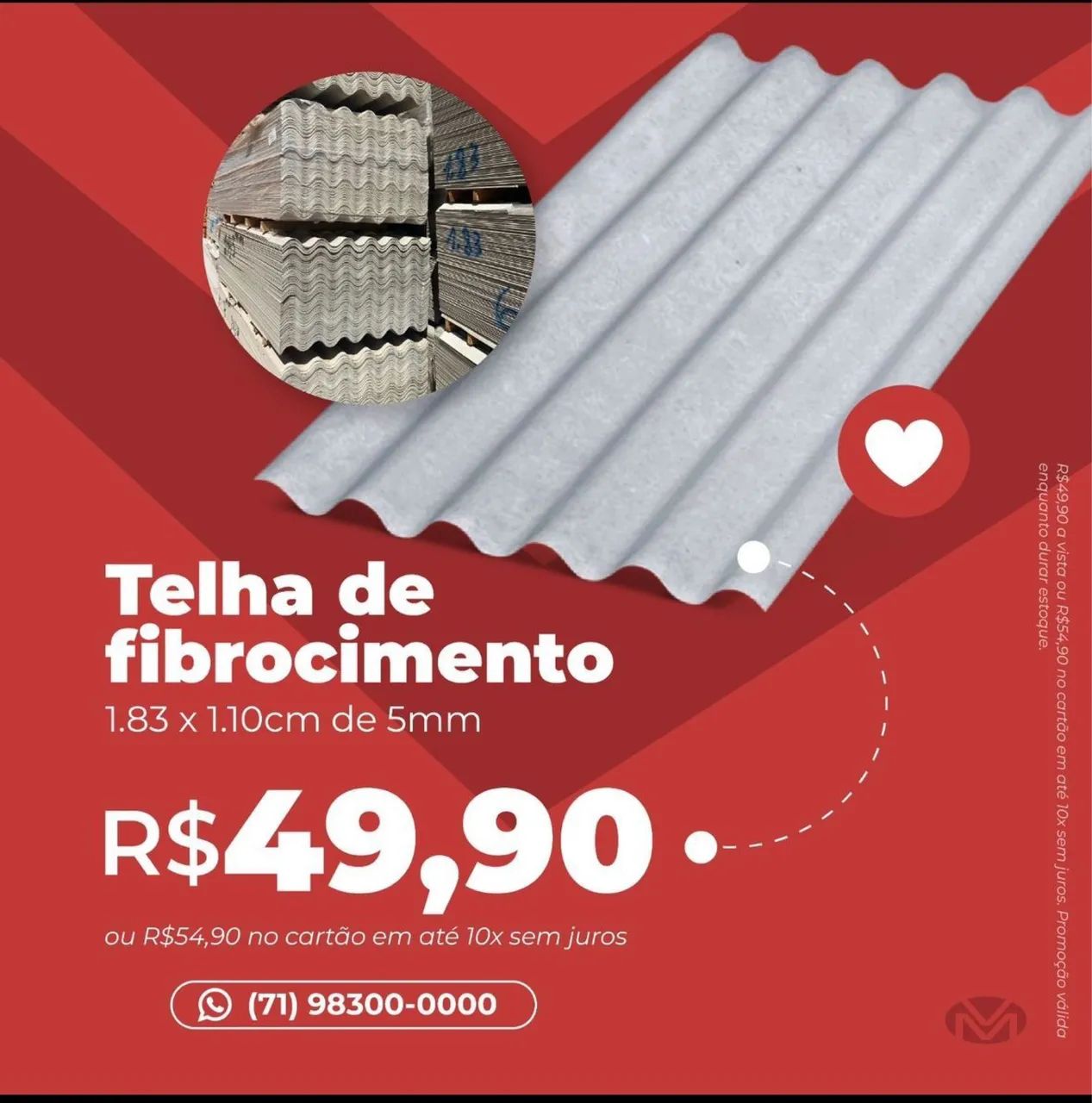 Telha fibrocimento 1.83x1.10 de 5mm R$49,90 avista ou R$54,90 no cartão em até 10x