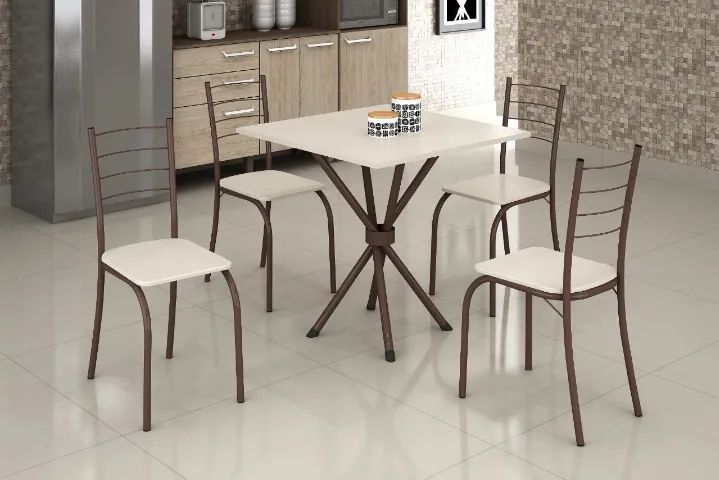Conjunto Mesa Rio 70x70 Marrom Tmp Ardososia Quadrado Off White com 4 Cds Marrom Creme Tei