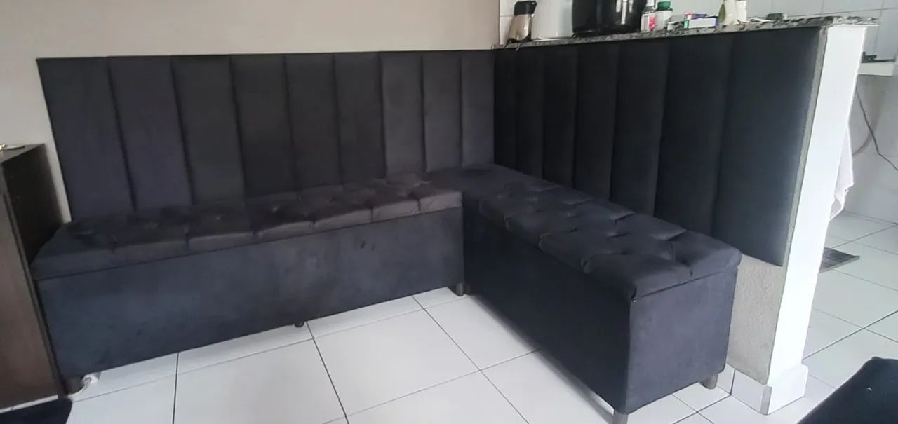 Canto Alemão com baú Preto + Puff 140cm 90cm x 40cm