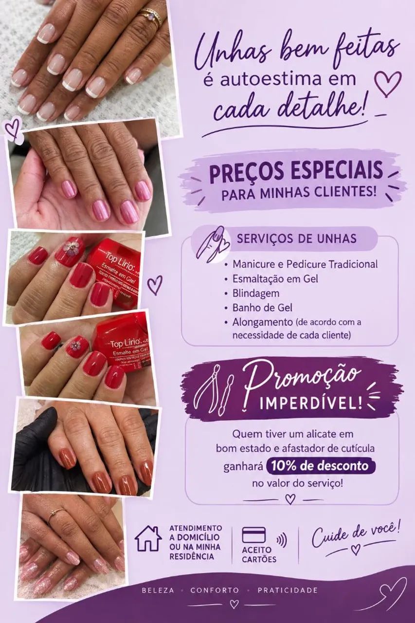 Serviços de unhas e sobrancelhas no conforto da sua casa.