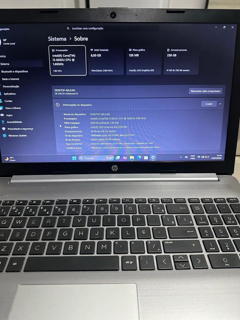 HP 250 G7 | Core i5 8ª Geração | 8GB RAM | SSD 256GB | Windows 11