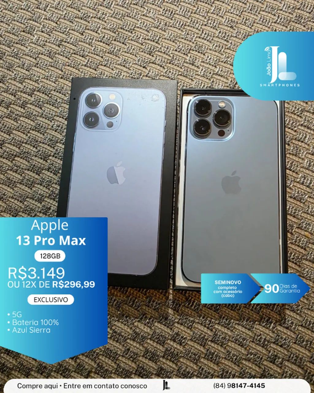 IPHONE 13 PRO MAX, 128GB, AZUL SIERRA, BATERIA 100%, SEMINOVO
