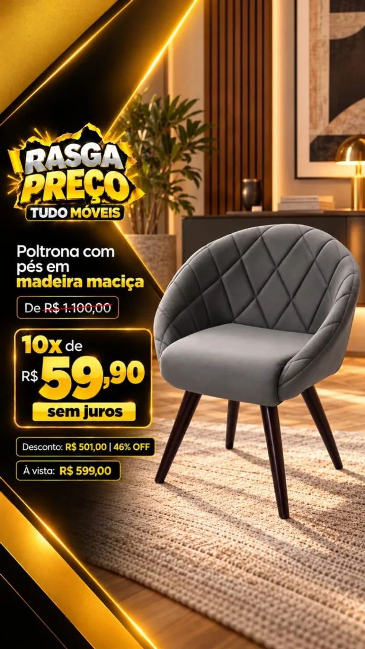 Poltrona Acolchoada Com Pés Em Madeira Maciça. *PROMOÇÃO RASGA PREÇO*