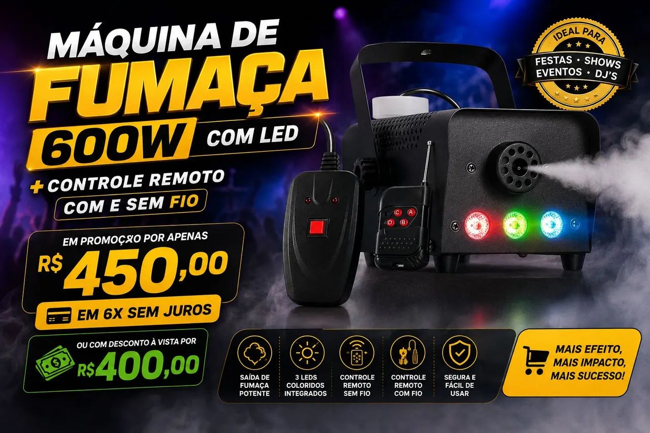 Máquina de fumaça 600w com led e controle remoto com e sem fio