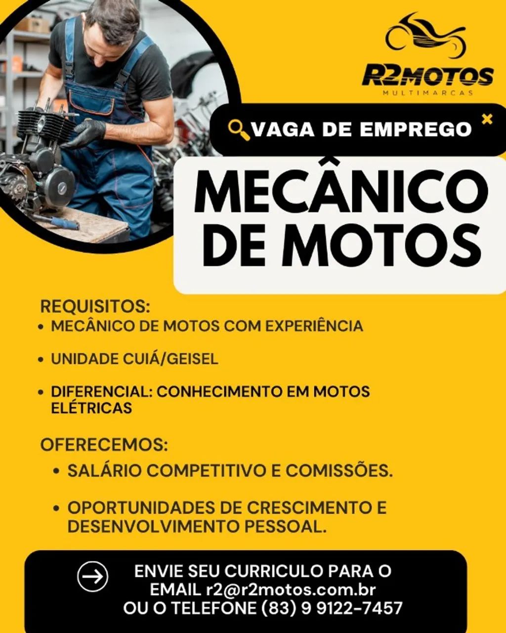 Contrata-se mecânico de motos com experiência. Unidade Shineray Cuiá Geisel João Pessoa PB