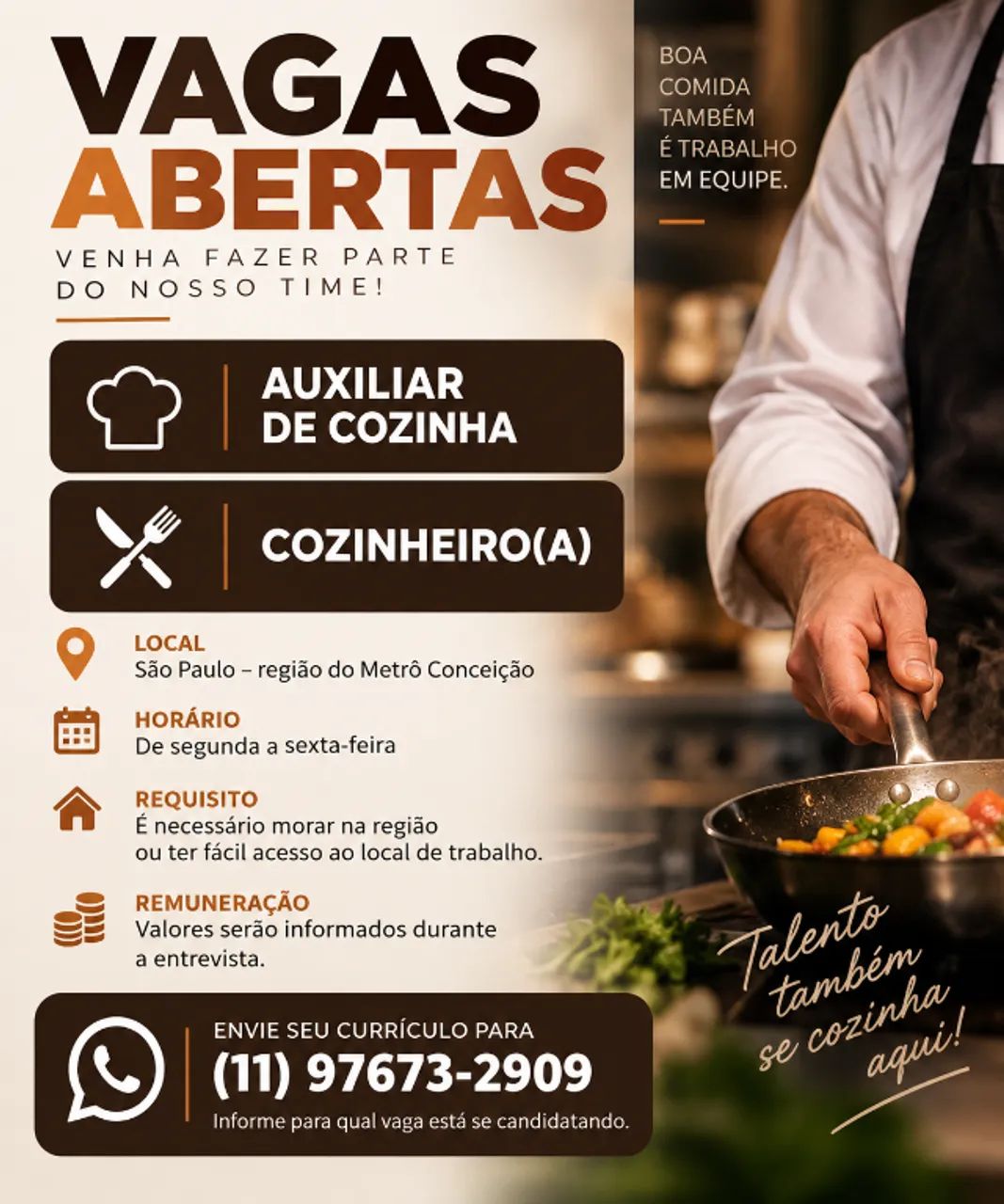 Auxiliar de cozinha, com experiência 