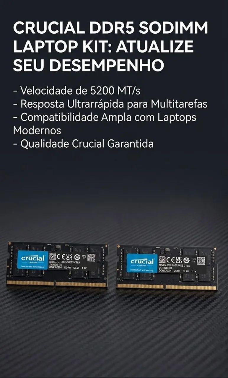 Kit 2*32GB Crucial DDR5 5600Mhz SODIMM - Memória RAM - Conjunto