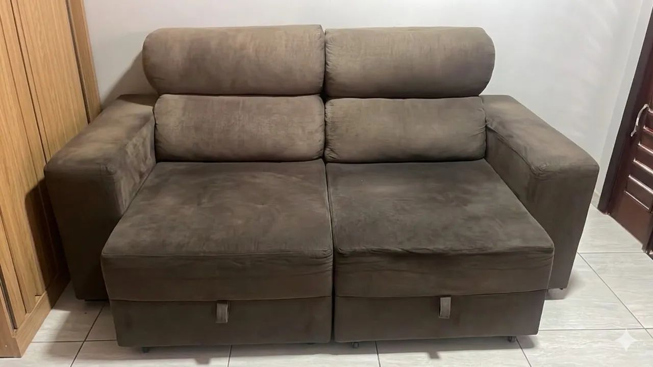 Sofá Retrátil e Reclinável Marrom Suede - Perfeito Estado