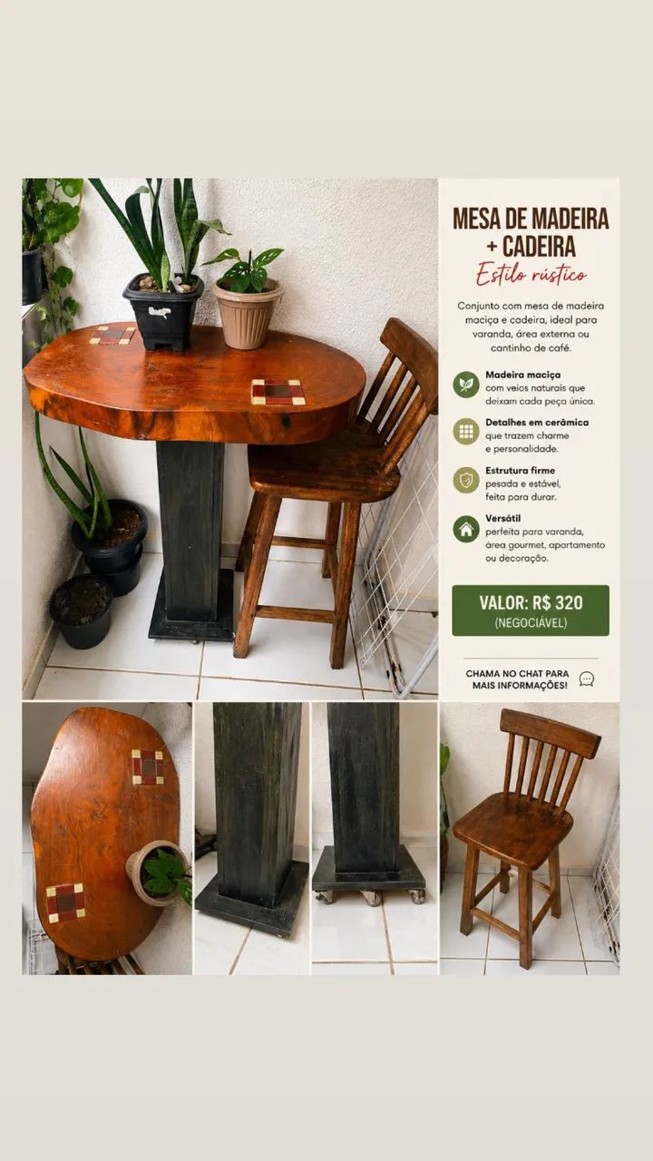 Mesa de madeira e cadeira rústica 
