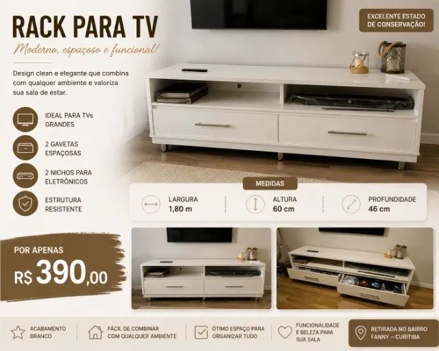  RACK PARA TV BRANCO - MODERNO, ESPAÇOSO E FUNCIONAL