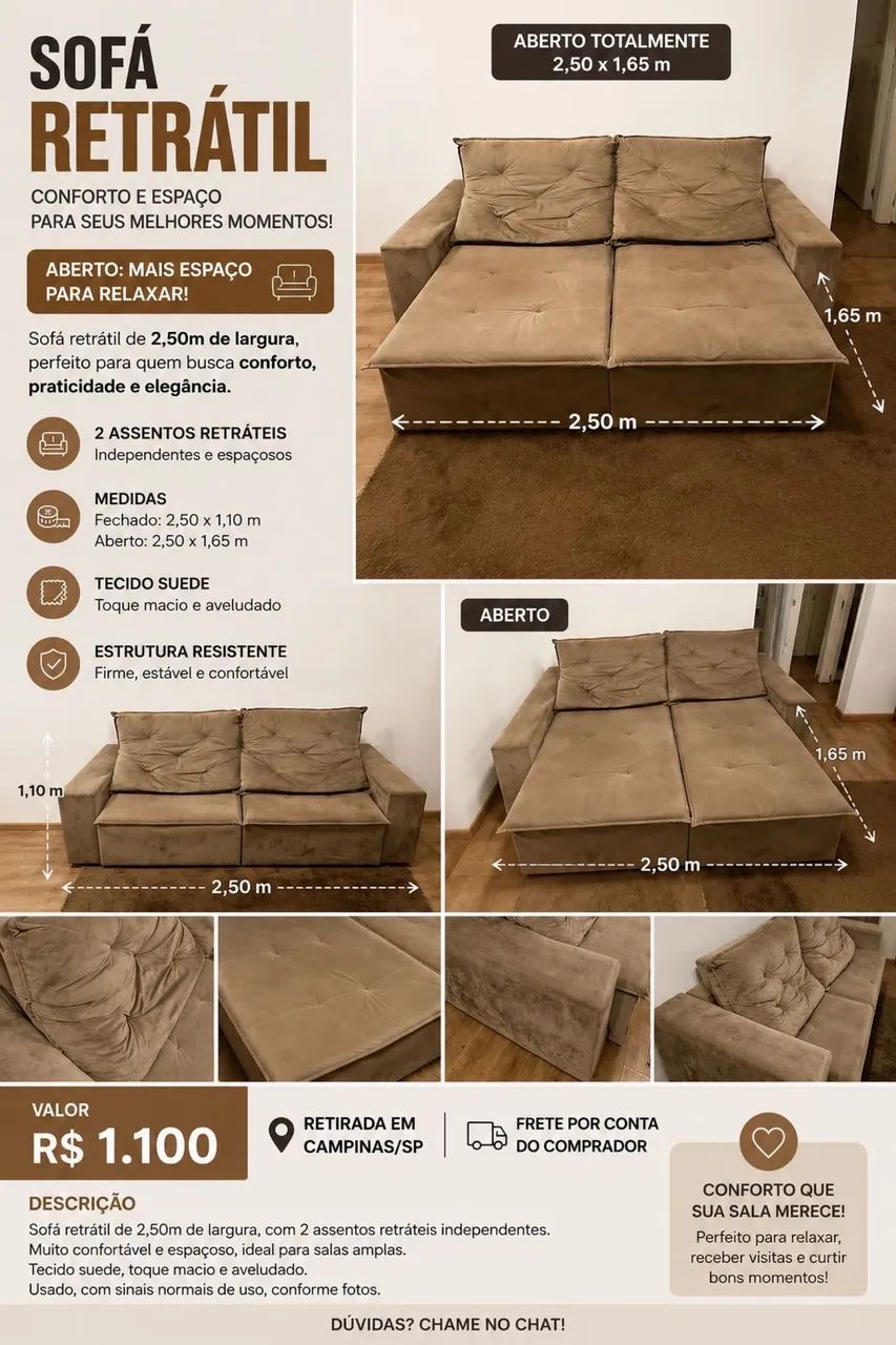 Sofá retrátil 2.50 por 1.10 >> 600,00 + frete (retirar 09/09!!!) - Foto 5