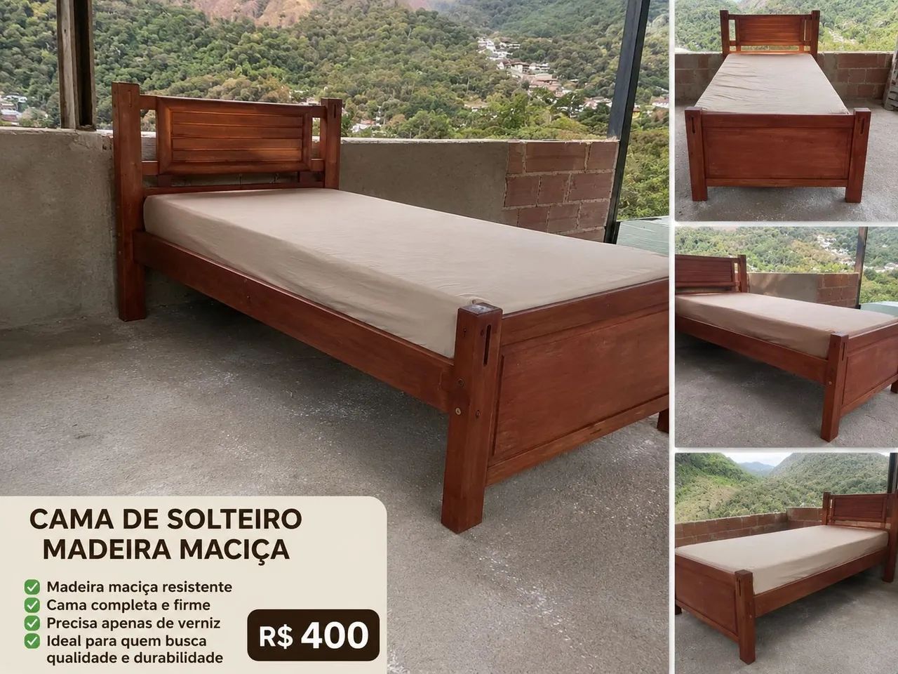 Cama de Solteiro de Madeira Maciça - Comple