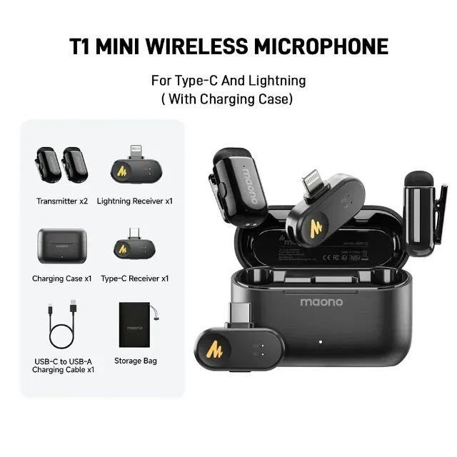 Kit Case com 2 Microfone Profissional de Lapela Sem Fio Maono Wave T1 Mini WM622  - WZetta