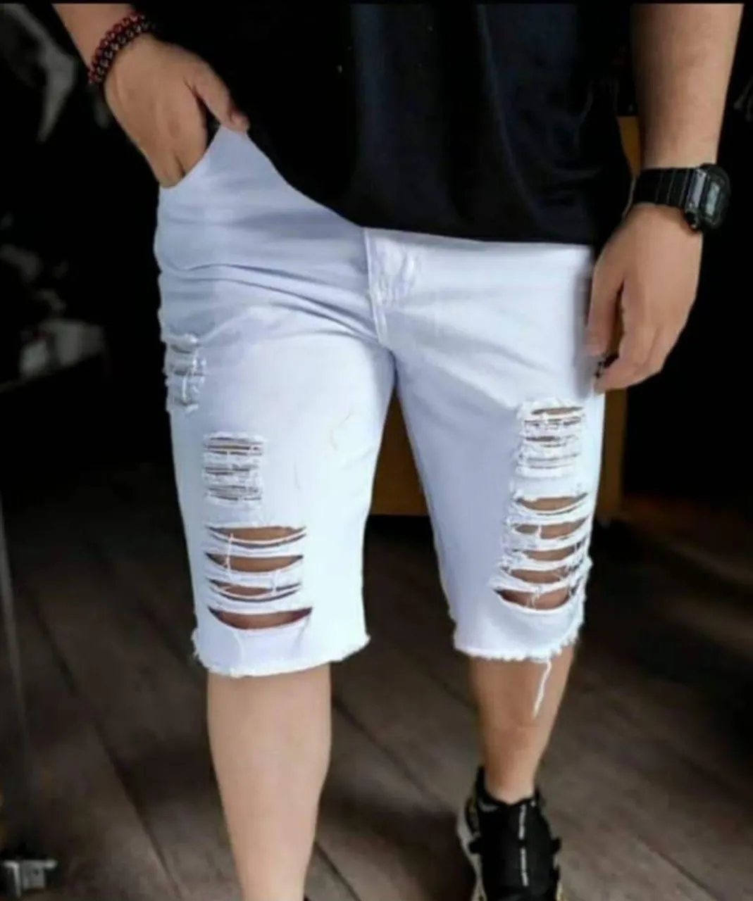 Shorts Jeans Branco Rasgado Masculino
