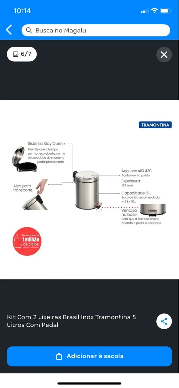 Kit com 2 lixeiras Brasil inox Tramontina 5 litros com pedal  - Foto 3