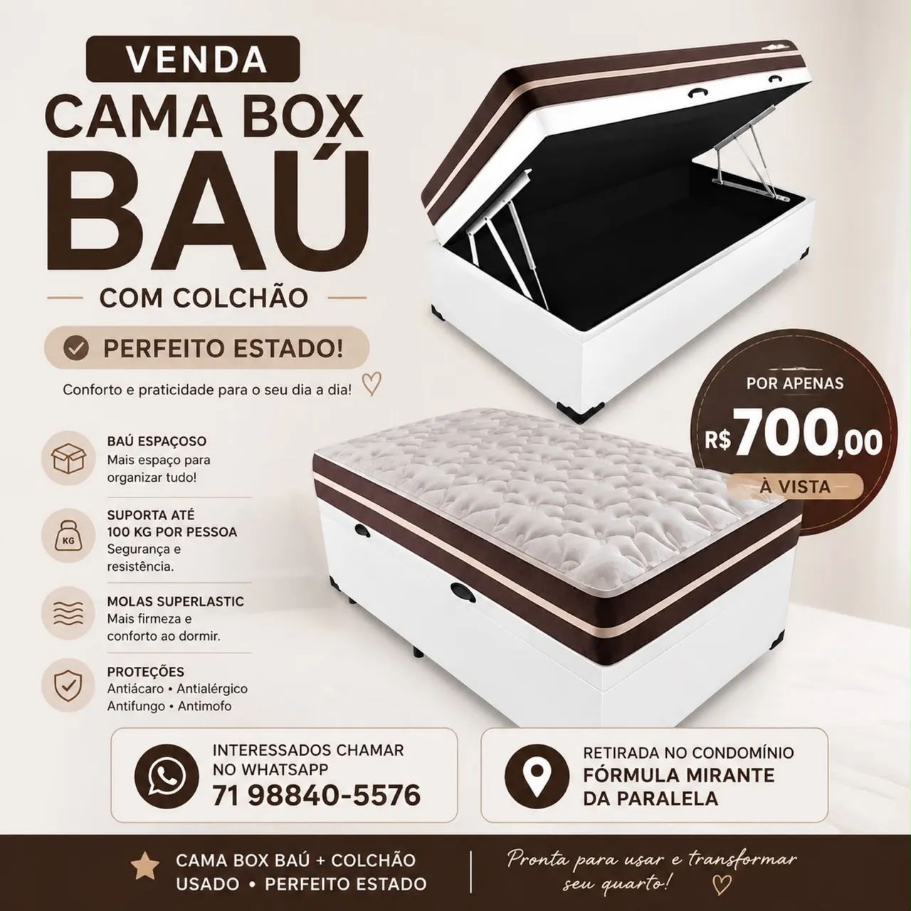 Cama Box Baú solteiro com Colchão - R$ 700