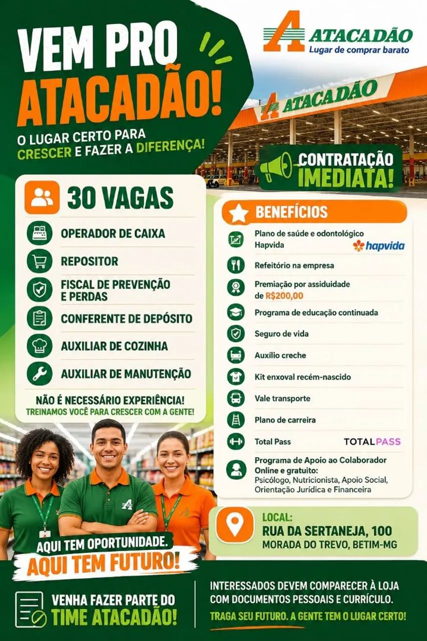 30 vagas, contratação imediata! 