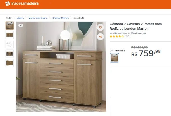 Cômoda 7 Gavetas 2 Portas com Rodízios London Marrom - Armários e