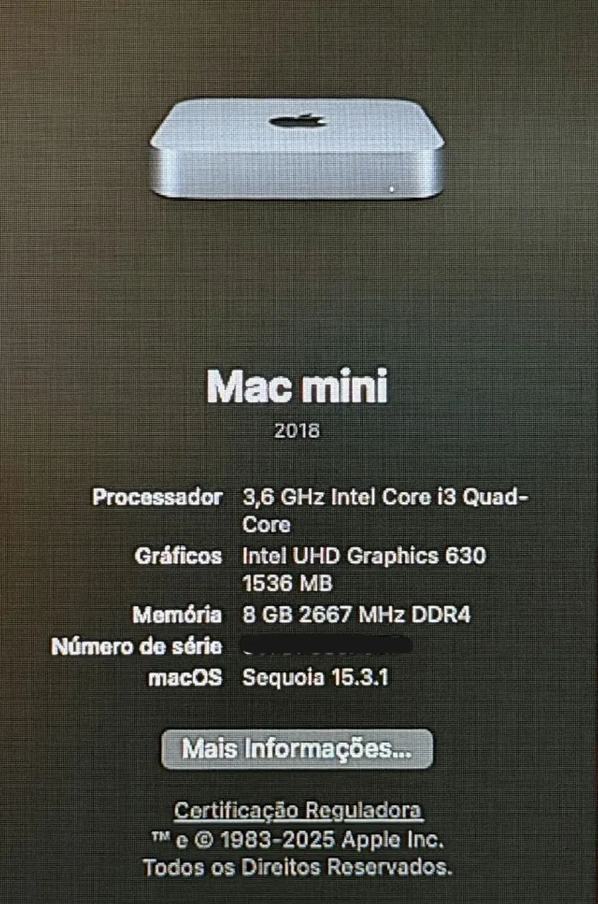 Mac Mini 2018 Core i3 3.6GHz 8GB RAM 256GB SSD Space Gray