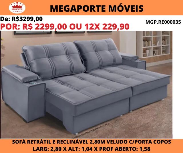 Sofá Retrátil e Reclinável 2,80 Veludo com Porta Copos